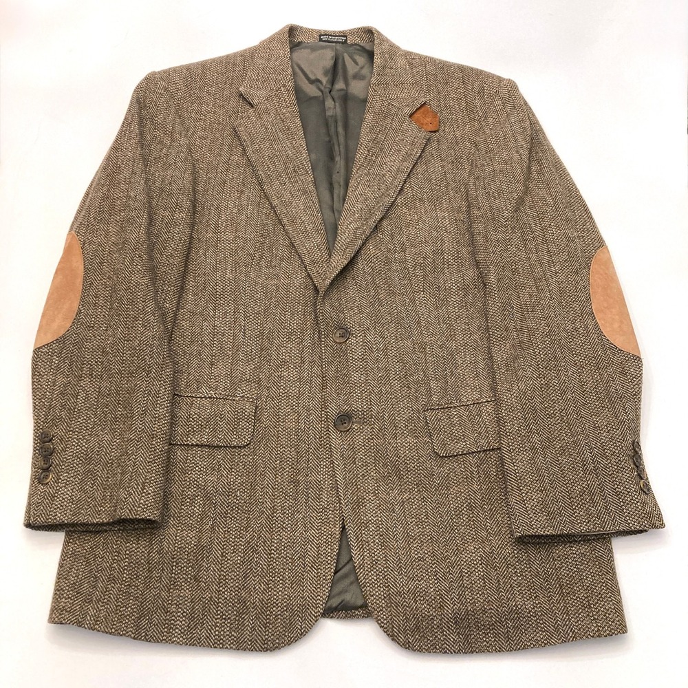 Vintage Oscar de la Renta Tweed Sport Coat Elbow Patches Brown Mens 40R Wool